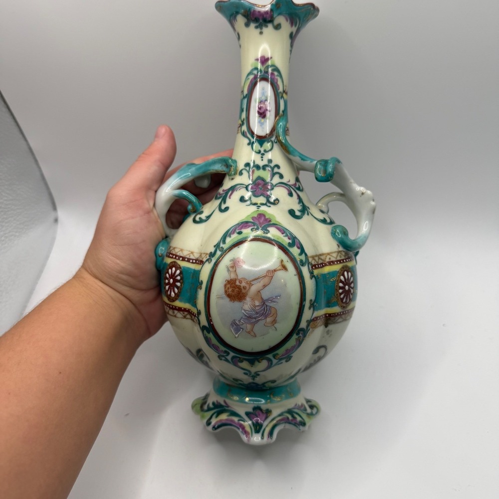 Antique Late 1800's Porcelain Hand Painted Cherub Double Handle Vase